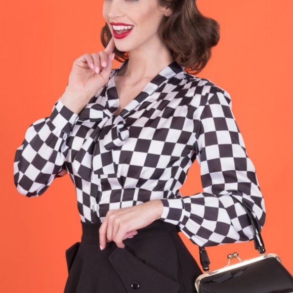 Tatyana Check Me Out Retro 1940's Rita Hayworth Black & White Checkerboard Top - Picture 2 of 8